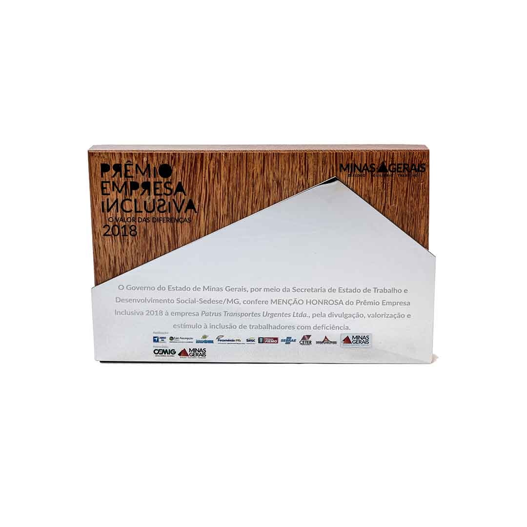 Troféu do prêmio Empresa Inclusiva SEDESE MG recebido pela Patrus